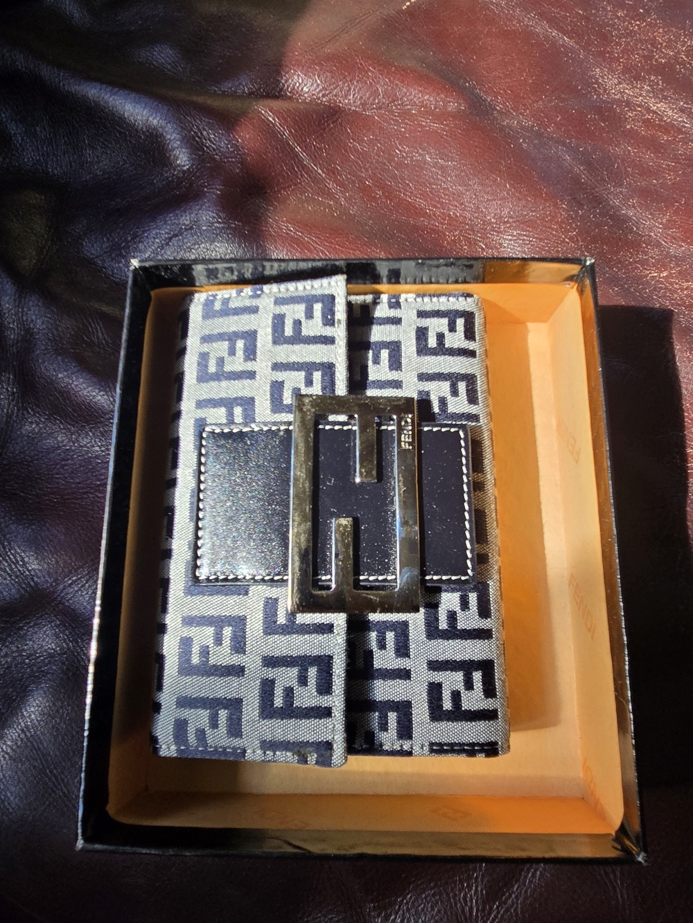 Fendi Unisex FF Logo Wallet in Navy and Cream with Metalic Black Buckle